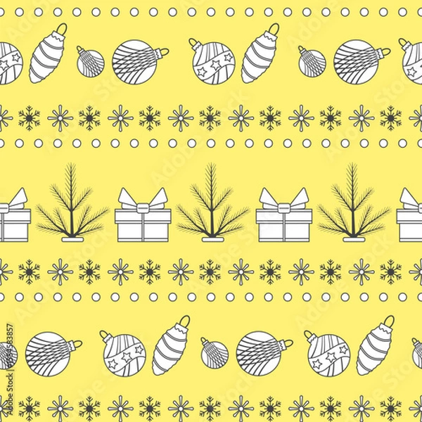 Obraz Christmas seamless pattern with baubles, gifts, and stars on yellow background