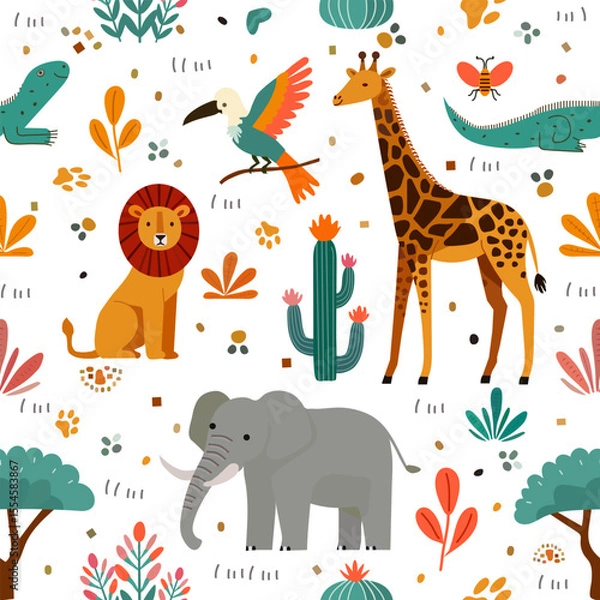Obraz Childish Babies Pattern Animal Plant Zoo Safari