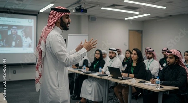 Obraz Saudi Arabian Man Delivers Engaging Presentation to Diverse Audience