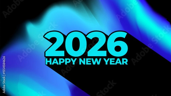 Fototapeta Happy New Year 2026 festive graphic design. Black long shadow. Bright blurred color gradients. Vector illustration.	