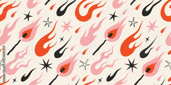 Fototapeta Seamless pattern with dynamic flaming match, flames, fire and stars on light background. Trendy vector illustration in y2k aesthetic, vintage, old school tattoo neo tribal style, hand drawn