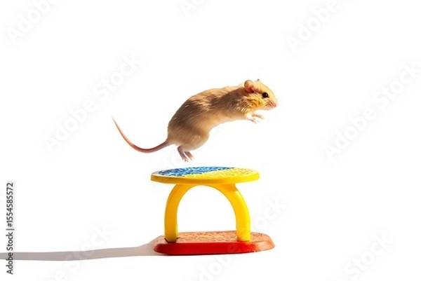 Fototapeta Adorable gerbil jumping over colorful stool on white background in a playful animal scene