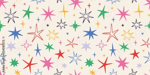 Fototapeta Seamless pattern with scribble stars and sparks. Cheerful and trendy design for festive decor. Christmas, birthday print in vibrant colors. Modern vector illustration on light background, hand drawn