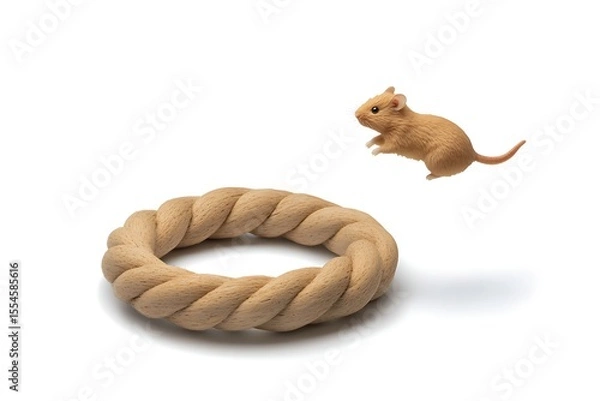 Fototapeta Mouse leaps through a rope ring, playful rodent jumping for joy, agility and fun, studio shot