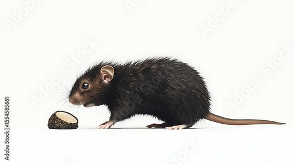 Fototapeta Brown rat with a piece of truffle on a white background, studio shot, close-up