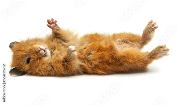 Fototapeta Adorable golden hamster lying on its back isolated on white background in studio shot