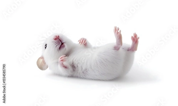 Fototapeta Adorable white pet rat lying on its back with paws up in a playful pose on white backdrop