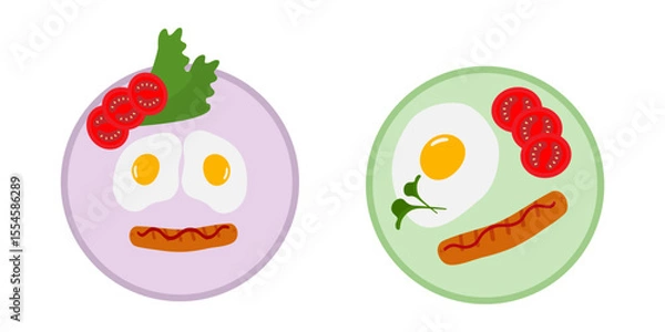 Fototapeta Hand Drawn Fried eggs and sausage and tomato slices on plate Breakfast or Motivation design idea Set