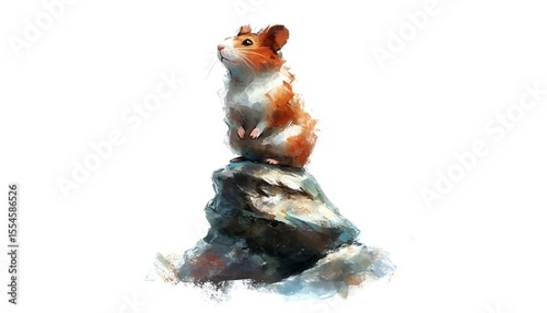 Fototapeta Adorable hamster standing on a rock looking up in artistic style illustration drawing