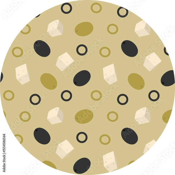 Fototapeta Freehand Dark and green Olives Whole and slice and Cheese Cubes Seamless Pattern on Circle Backdrop