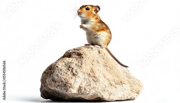 Fototapeta Cactus mouse perched on a rock against white background, showcasing wildlife detail and charm