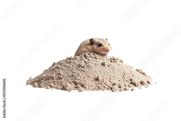 Fototapeta Adorable hamster peaking out of a pile of sand on white background studio shot