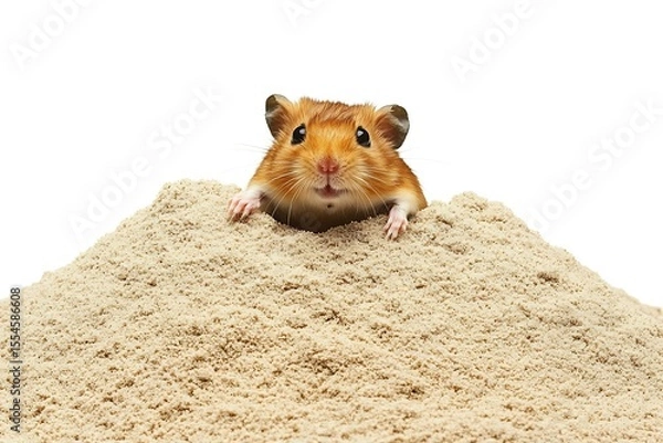 Fototapeta Adorable golden hamster burrowing in sand, cute pet portrait with charming expression, studio shot