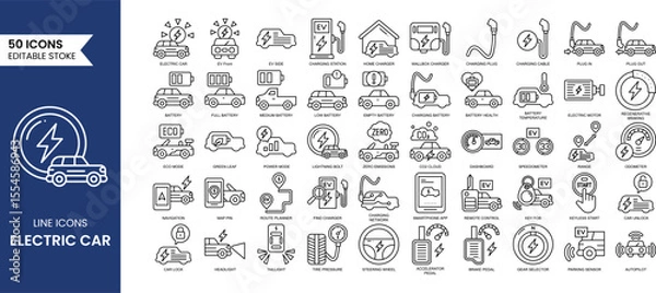 Fototapeta Electric car line editable icon set. Electric car icon set Containing battery, ecology, electric vehicle, charging station, plug-in and more. Vector illustration