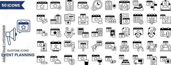Fototapeta Event planning icon set in duotone style. Containing birthday, wedding, event, catering, invitation, entertainment and more. Vector illustration