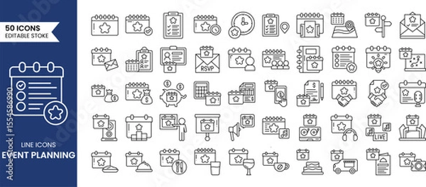 Fototapeta Event planning line editable icon set. Containing birthday, wedding, event, catering, invitation, entertainment and more. Vector illustration