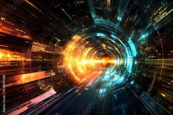 Fototapeta Abstract futuristic technology background with digital tunnel and light effect, innovation