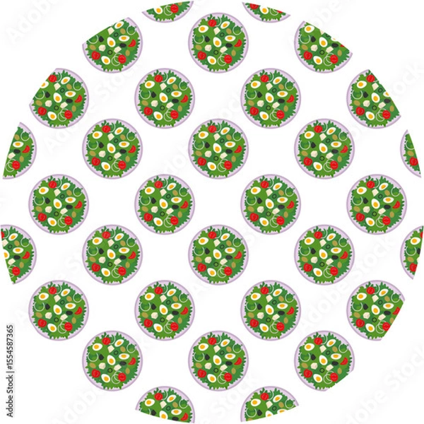 Fototapeta Salad of tomatoes slices, cheese cubes, olives, onion and greens Seamless Pattern on Circle Backdrop