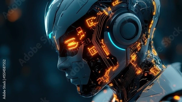 Fototapeta Close up of a futuristic robot with glowing orange circuits and blue accents on a dark background