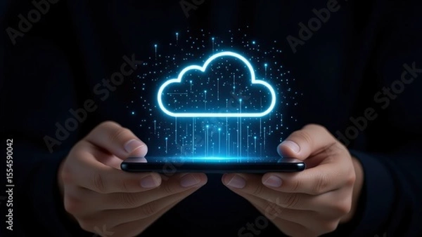 Obraz Cloud Data Transfer Visualized on Smartphone with Digital Effects