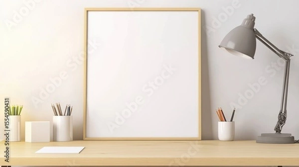 Obraz Interior mockup with a wooden shelf and lamp, styled for clean poster presentation. Natural light and soft tones create a calming workspace scene.