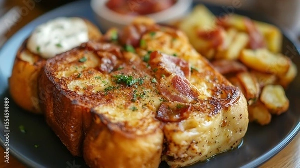 Fototapeta Savoury garlic bread french toast with bacon and hash browns