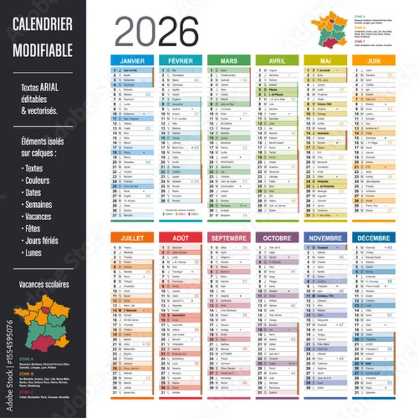 Obraz Calendrier Français 2026 modifiable France, éléments isolés sur calques, textes en Arial, éditables et vectorisés.