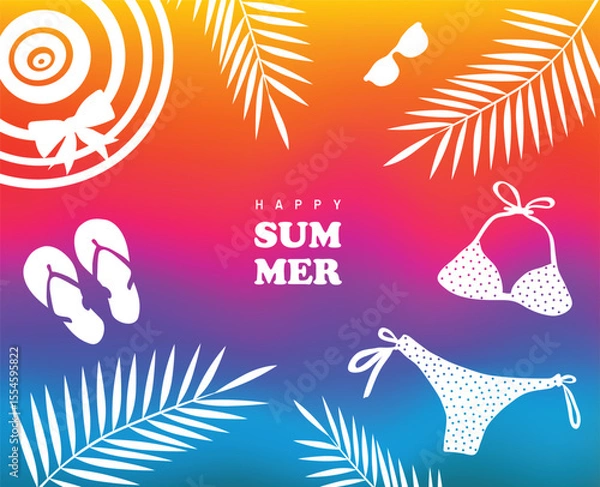 Obraz Happy summer gradient vibrant rainbow background. Vector summer holiday icons isolated on bright motion rainbow background with copy space for text.