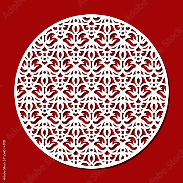 Fototapeta Round openwork panel. Lattice with a beautiful floral pattern, graceful ornament. Template for plotter laser cutting of paper, fretwork, wood carving, metal engraving, cnc. Vector illustration.