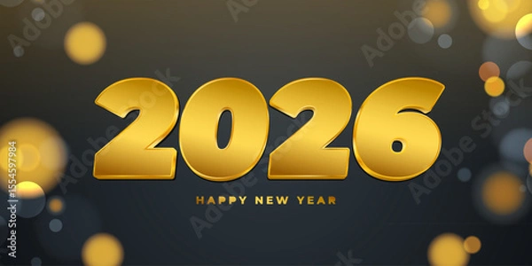 Fototapeta 2026 Happy New Year festive banner. Gold color. New Year 2026 holiday background. Bokeh lights. Vector illustration.