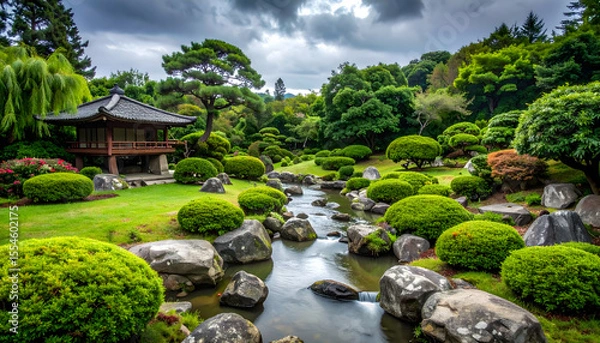 Fototapeta Lush Green Japanese Garden with Stream and House on Overcast Day