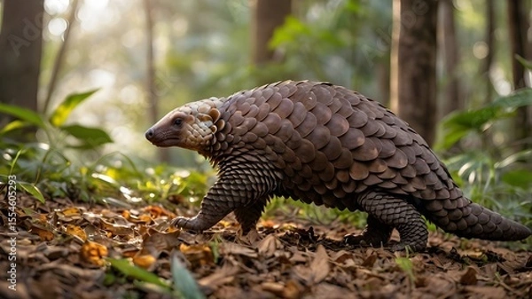 Fototapeta Pangolin Walking Through Lush Forest Environment