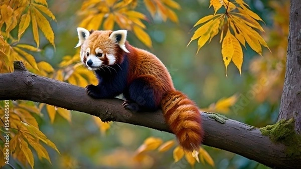 Fototapeta Red Panda Sitting in Autumn Leaves on a Tree Branch