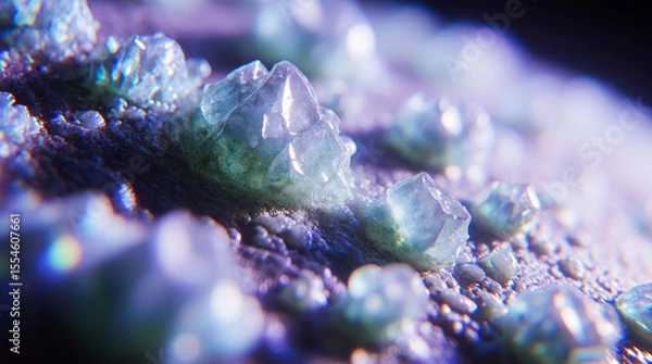 Fototapeta  Extreme Close-Up of Glowing Mineral Crystals Forming on an Alien Surface, Captured in Macro Photography Style with Shimmering Textures, Vibrant Reflections, Atmospheric Lighting, and High Sci-Fi Eleg