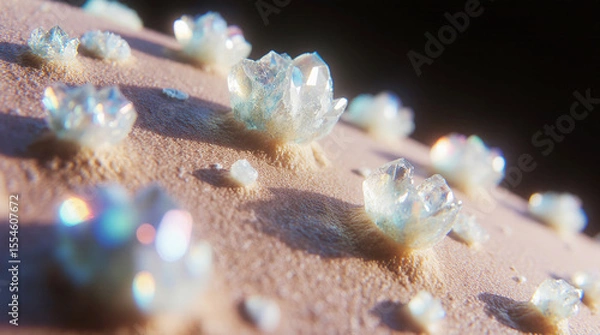 Fototapeta  Extreme Close-Up of Glowing Mineral Crystals Forming on an Alien Surface, Captured in Macro Photography Style with Shimmering Textures, Vibrant Reflections, Atmospheric Lighting, and High Sci-Fi Eleg
