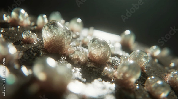 Fototapeta  Extreme Close-Up of Glowing Mineral Crystals Forming on an Alien Surface, Captured in Macro Photography Style with Shimmering Textures, Vibrant Reflections, Atmospheric Lighting, and High Sci-Fi Eleg