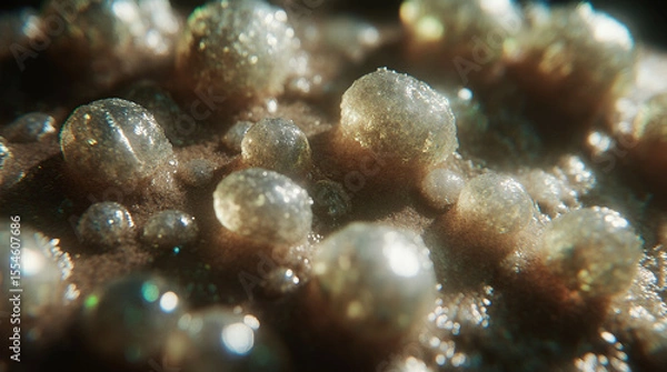 Fototapeta  Extreme Close-Up of Glowing Mineral Crystals Forming on an Alien Surface, Captured in Macro Photography Style with Shimmering Textures, Vibrant Reflections, Atmospheric Lighting, and High Sci-Fi Eleg
