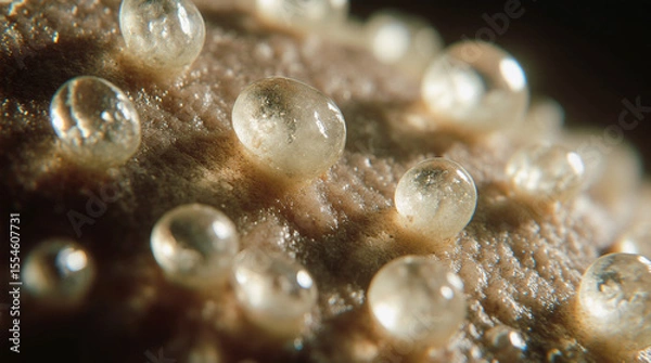 Fototapeta  Extreme Close-Up of Glowing Mineral Crystals Forming on an Alien Surface, Captured in Macro Photography Style with Shimmering Textures, Vibrant Reflections, Atmospheric Lighting, and High Sci-Fi Eleg