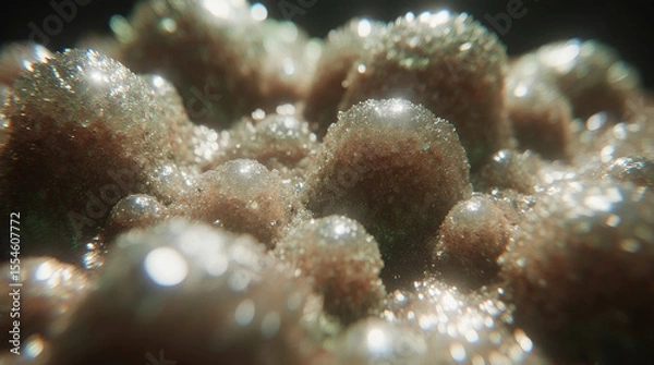 Fototapeta  Extreme Close-Up of Glowing Mineral Crystals Forming on an Alien Surface, Captured in Macro Photography Style with Shimmering Textures, Vibrant Reflections, Atmospheric Lighting, and High Sci-Fi Eleg