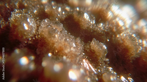 Fototapeta  Extreme Close-Up of Glowing Mineral Crystals Forming on an Alien Surface, Captured in Macro Photography Style with Shimmering Textures, Vibrant Reflections, Atmospheric Lighting, and High Sci-Fi Eleg