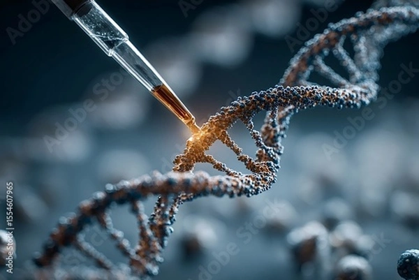 Obraz Genetic engineering and gene editing modifying dna structure using crispr technology is depicted with a pipette dropping liquid on a dna double helix