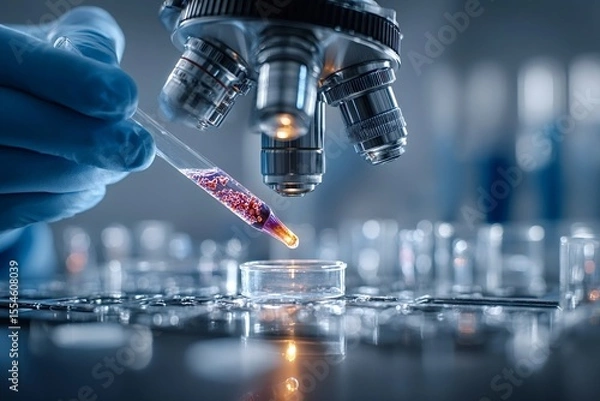 Obraz Close up of gloved hand dripping liquid from pipette into petri dish under microscope in laboratory setting, conducting scientific research