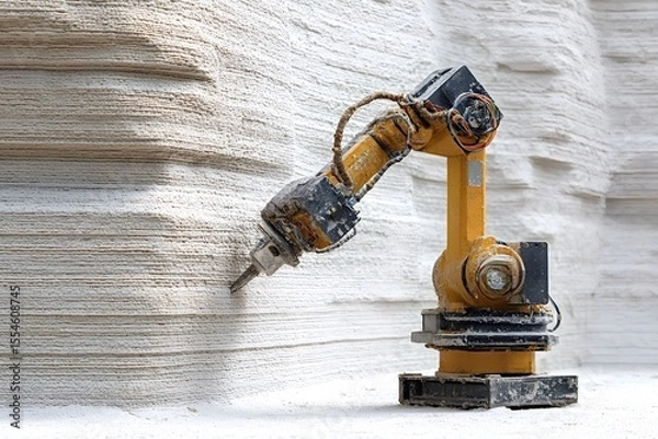 Obraz Robotic arm meticulously 3d prints a concrete wall, showcasing the cutting edge technology transforming modern construction and demonstrating the potential of automation in the building industry