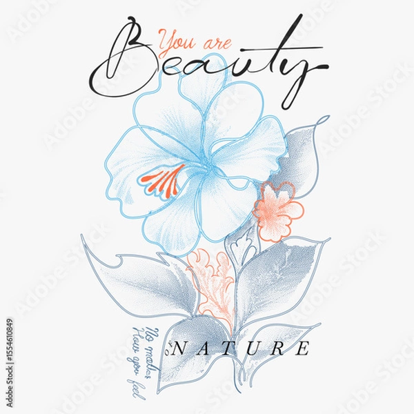 Obraz flowers hibiscus botanical art style. summer tropical flowers. printed t-shirt design forwomen's, Vintage Doted flowers print, Beauty of nature slogan text print design. flower graphic in vector,