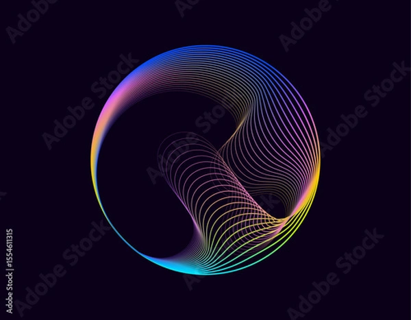 Obraz Abstract 3d sphere. Neon gradient curved waves in round shape. Bright spinning circular border. Vector colorful glowing circular tech frame