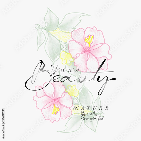 Obraz Vintage Doted flowers print, Beauty of nature slogan text print design. flowers hibiscus botanical art style.  printed t-shirt design for  women's, summer tropical flowers. flower graphic in vector,