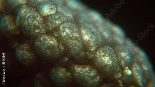 Fototapeta  Microphotography Close-Up of Alien Skin Texture Covered with Bioluminescent Pores and Soft Glowing Veins Beneath the Surface, Surreal Macro Sci-Fi Scene with Rich Detail and Otherworldly Atmosphere