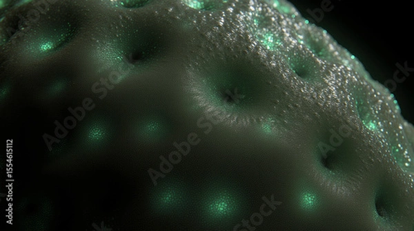 Fototapeta  Microphotography Close-Up of Alien Skin Texture Covered with Bioluminescent Pores and Soft Glowing Veins Beneath the Surface, Surreal Macro Sci-Fi Scene with Rich Detail and Otherworldly Atmosphere
