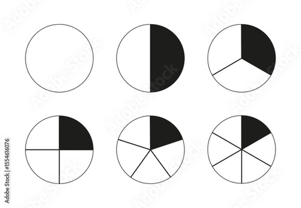 Fototapeta Round divided diagrams with from one to six segments. Circle division on from 1 to 6 equal parts. Coaching blanks. Infographic set. Pizza, pie charts. Segmented black pinwheel.