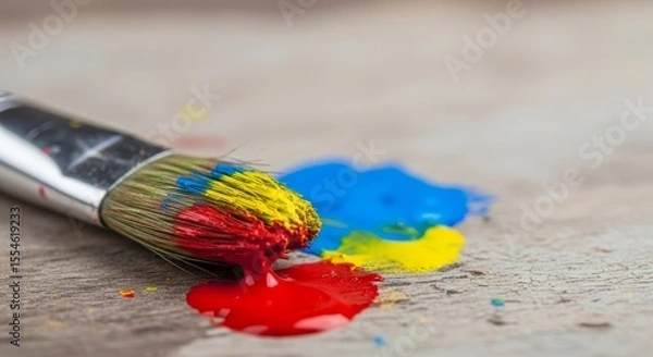 Obraz Colorful Paint Brush with Red Yellow Blue Acrylic Colors on Wooden Surface Macro